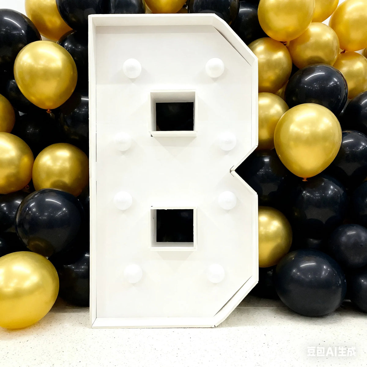 A large white marquee letter B made of light-up material is surrounded by gold and black balloons for party decor.