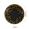 A black disposable dinner plate rimmed with gold dots, shown with a 18cm diameter.