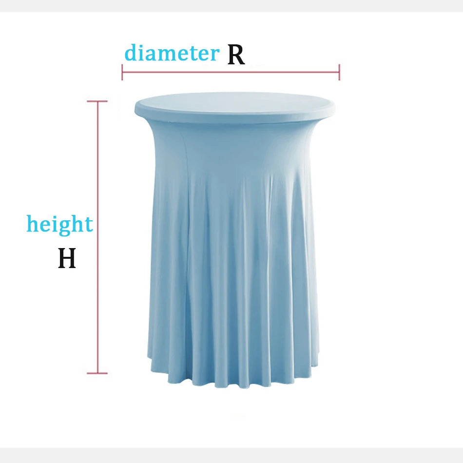 Light blue stretch spandex round tablecloth with a pleated skirt shown in a side view.