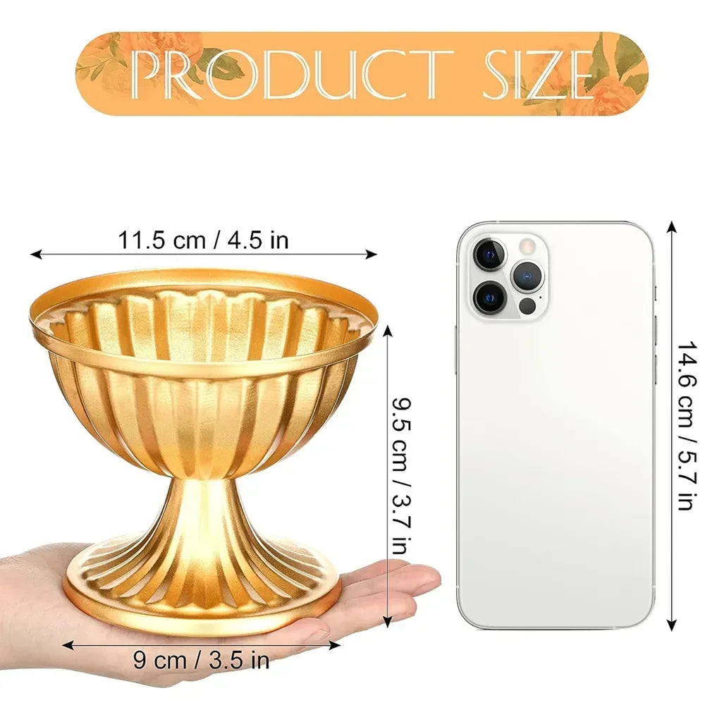 A gold trumpet vase is shown next to a smartphone for scale, with dimensions provided.
