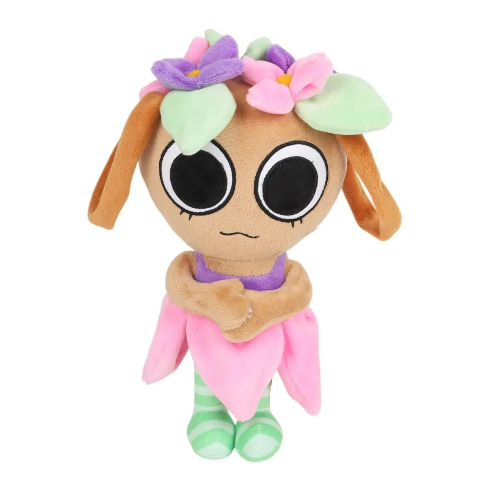 A soft stuffed animal plush toy with brown ears, purple flowers, and pink accents.