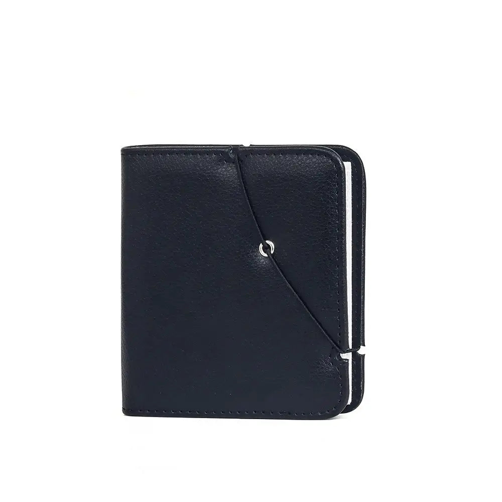 A dark blue leather photo album with a PU cover featuring a diagonal stitching detail.