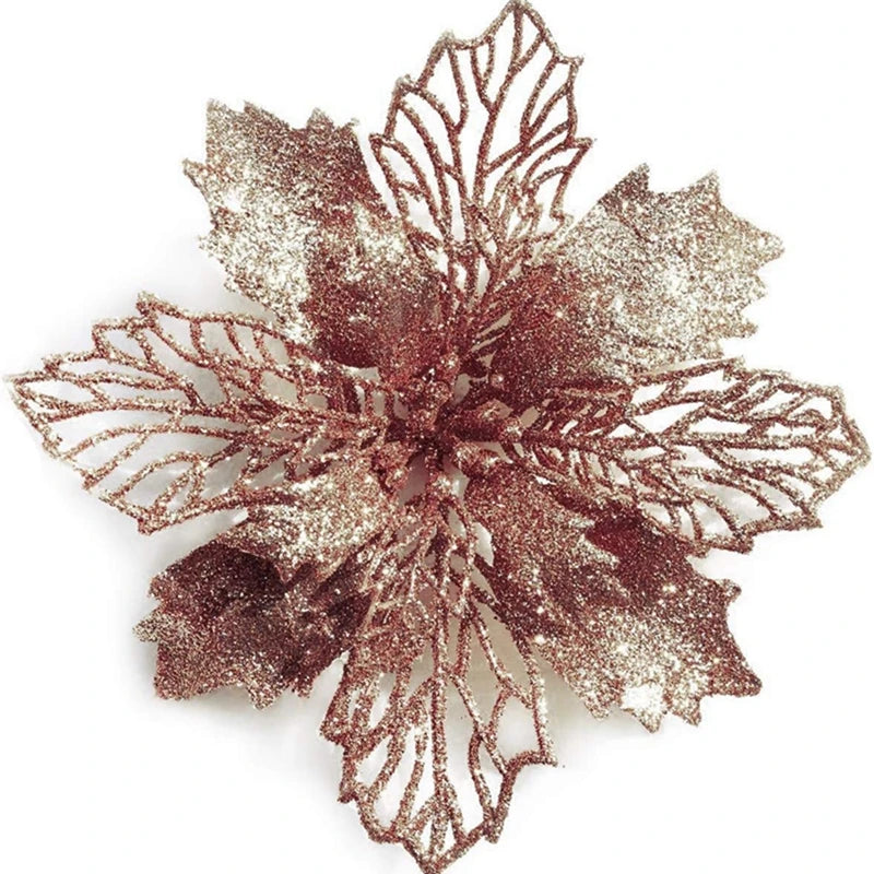 A detailed, reddish-brown silk artificial Christmas flower with a gold sparkle finish.