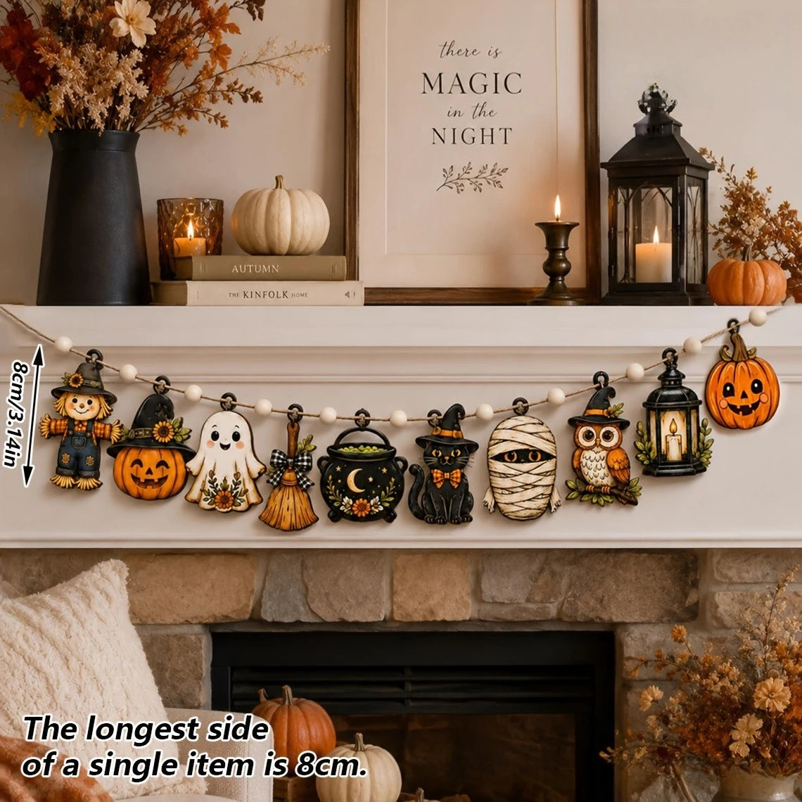 Vintage Halloween wooden hanging garland featuring pumpkin, ghost, and cat beads displayed on a mantelpiece.