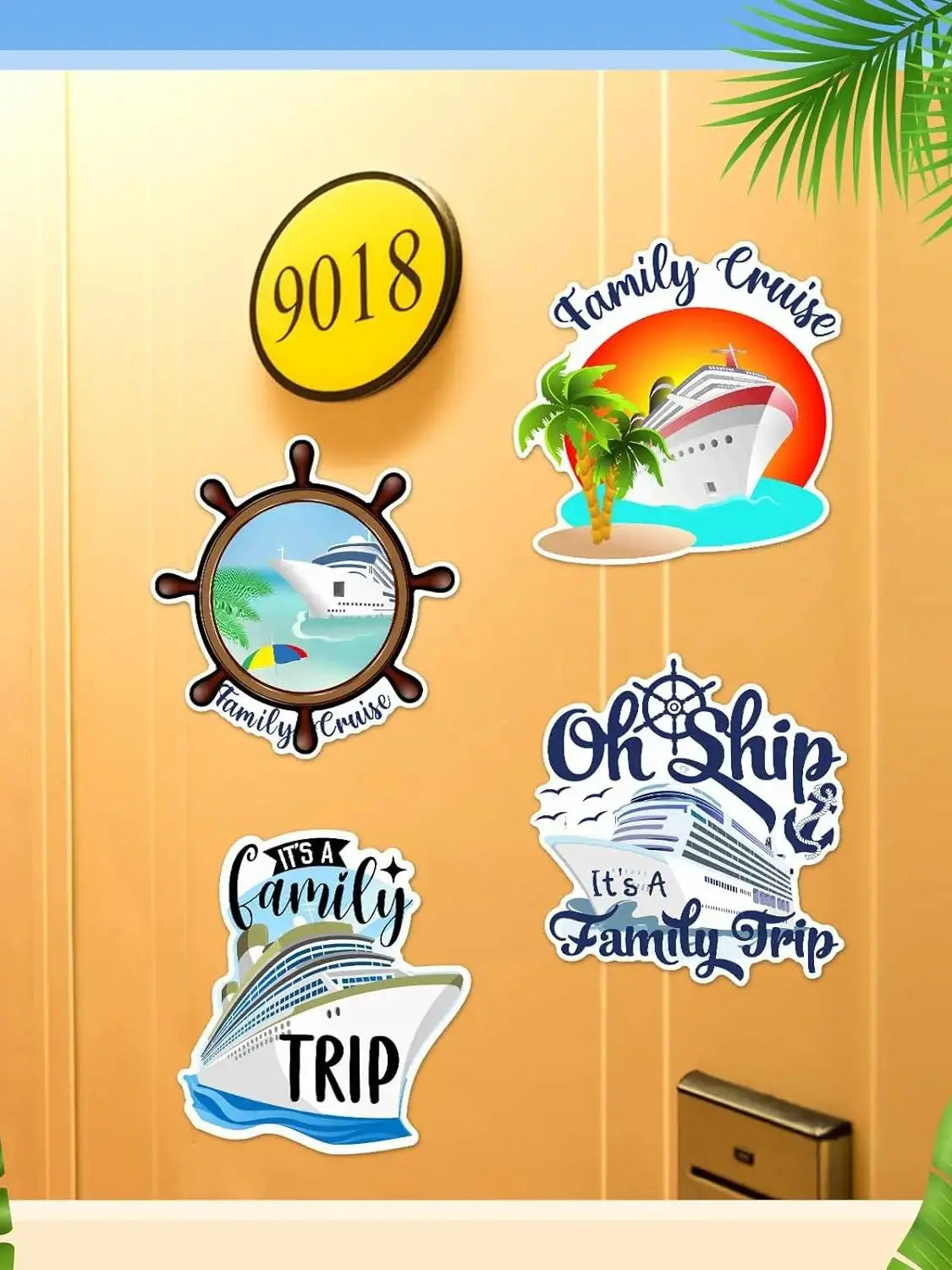 A set of four magnetic cruise door decorations including a yellow circle with 9018, a tropical scene, and ship designs.