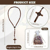 A wooden rosary pendant necklace featuring handcrafted beads and a cross, shown alongside its size and weight.
