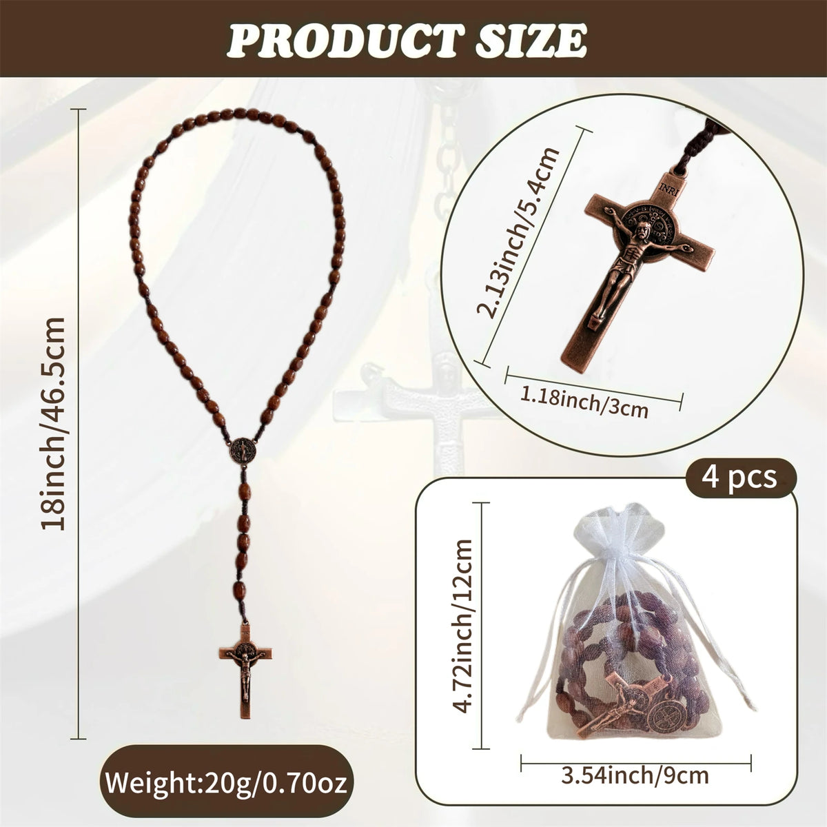 A wooden rosary pendant necklace featuring handcrafted beads and a cross, shown alongside its size and weight.