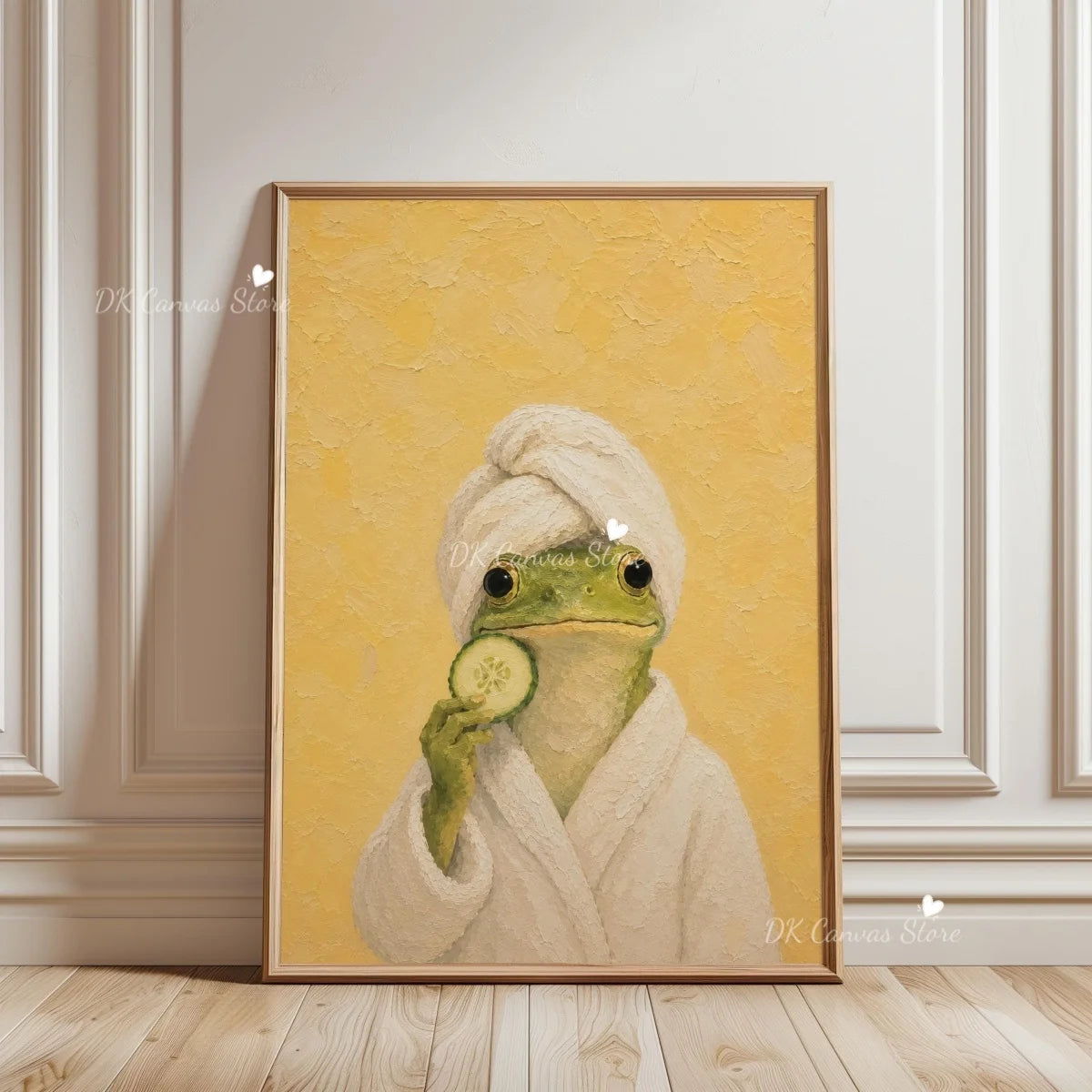 A painting of a frog wrapped in a towel on a yellow background.