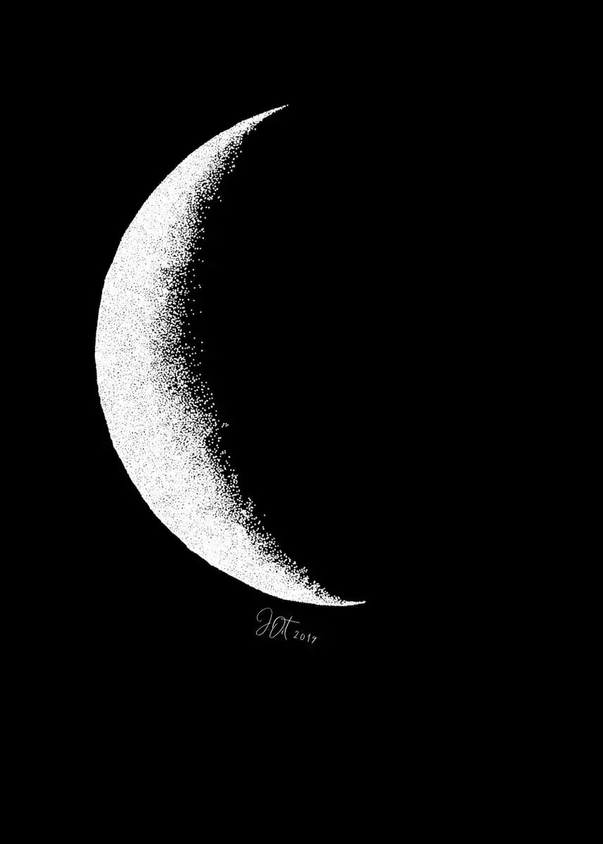 A minimalist black and white print of a crescent moon against a black background.