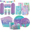 Under the Sea Mermaid party tableware set featuring colorful plates cups and napkins with mermaid designs