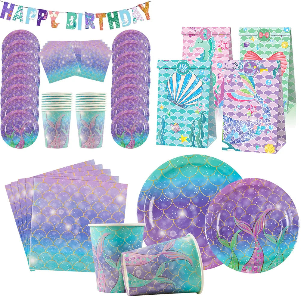 Under the Sea Mermaid party tableware set featuring colorful plates cups and napkins with mermaid designs