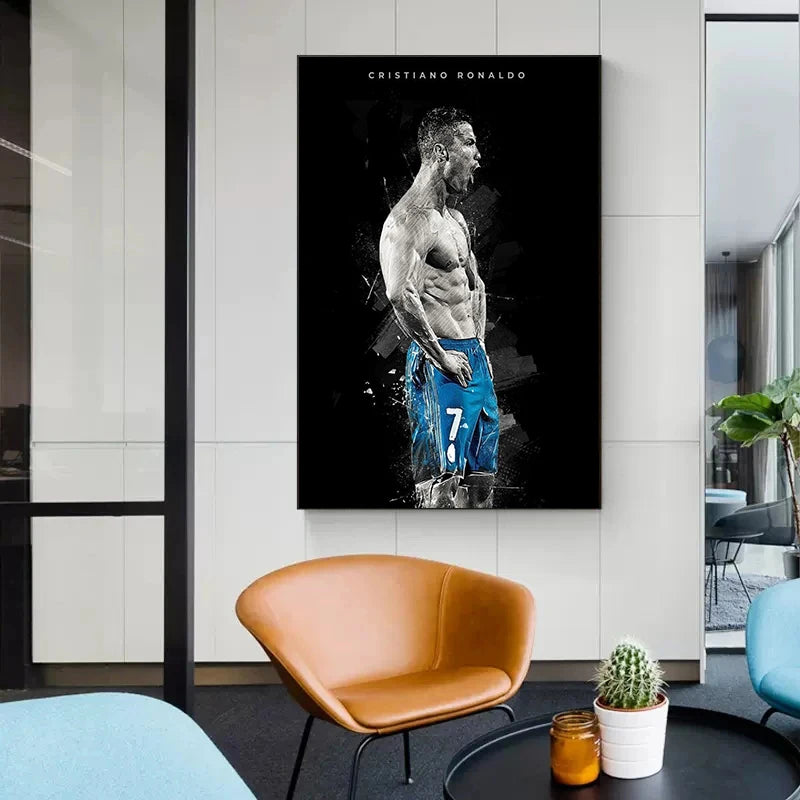 A framed canvas wall art featuring a black and white portrait of Cristiano Ronaldo.