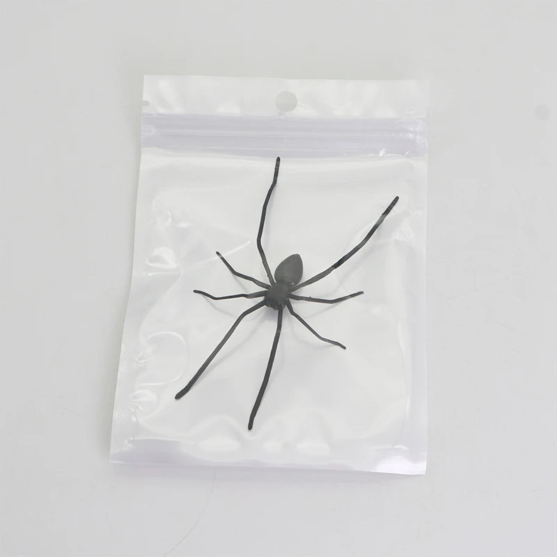 Eine schwarze Spinne ist in einen durchsichtigen Plastiksack verpackt, als Kühlschrankmagnet gedacht.