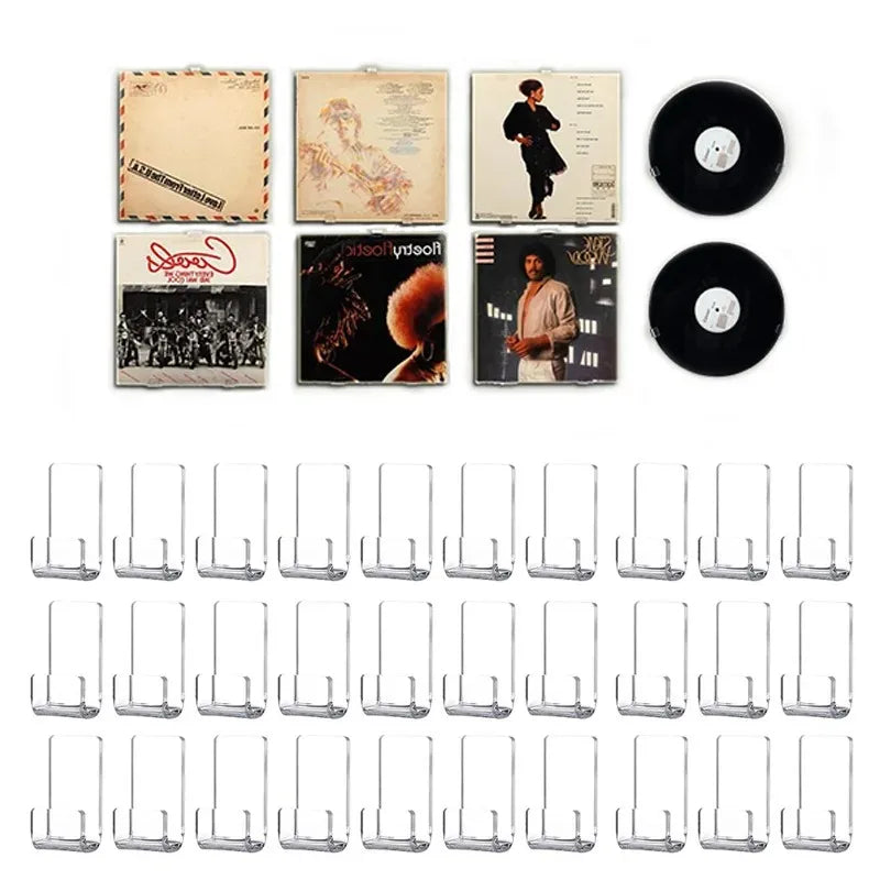 A set of ten clear acrylic vinyl record display racks for storage and display.