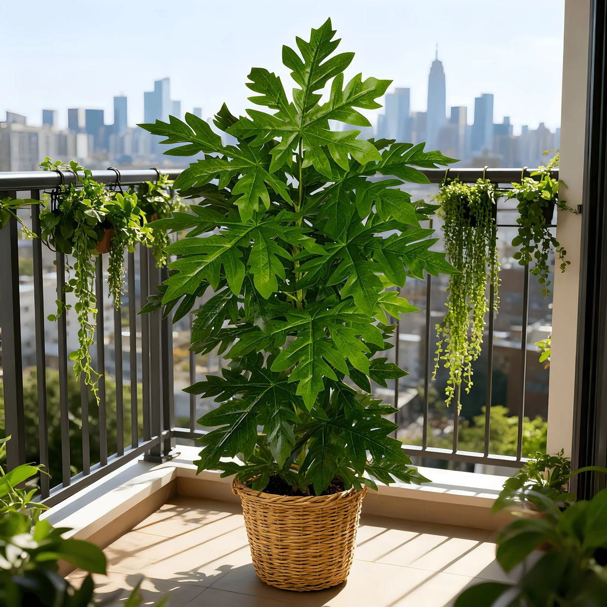 A vibrant green artificial papaya leaf plant in a woven basket displayed on a balcony railing.