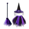 Women's Halloween witch costume set including a black pointed hat, purple tulle skirt, and a black broomstick.