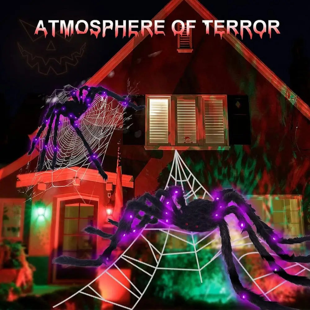A spooky Halloween scene featuring a spider web illuminated by purple lights on the facade of a red house.