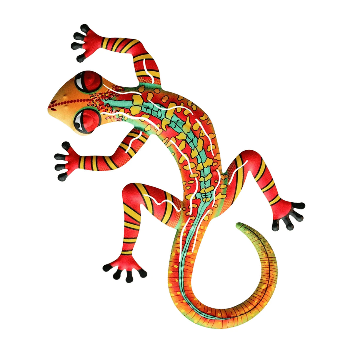 Handcrafted metal gecko wall art featuring vibrant orange, red, and yellow scales.