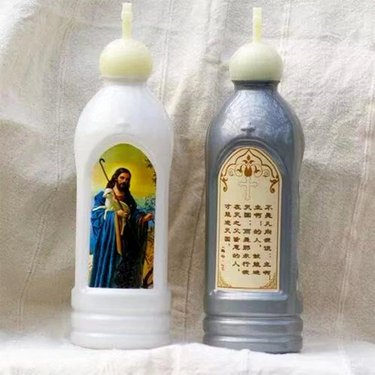 A clear glass bottle filled with glowing liquid, used for holy water.