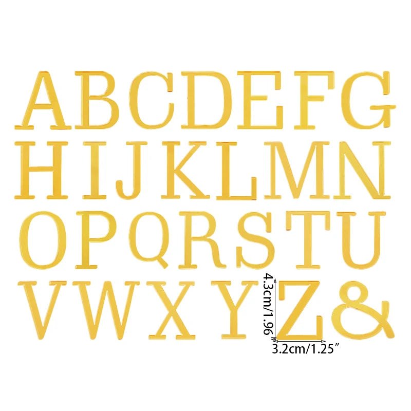 A set of acrylic alphabet letters and symbols for a cake topper, featuring uppercase letters A through Z and the ampersand sy