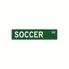 Vintage welcome sign for soccer, featuring the word SOCCER and the initials DR on a dark green rectangular background.