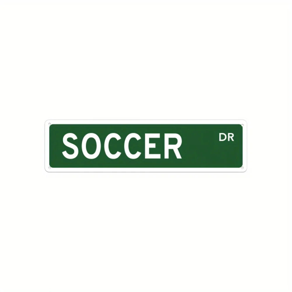 Vintage welcome sign for soccer, featuring the word SOCCER and the initials DR on a dark green rectangular background.