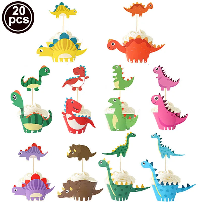 A set of 20 plastic dinosaur-shaped cupcakes for party decor, featuring various colors and sizes.