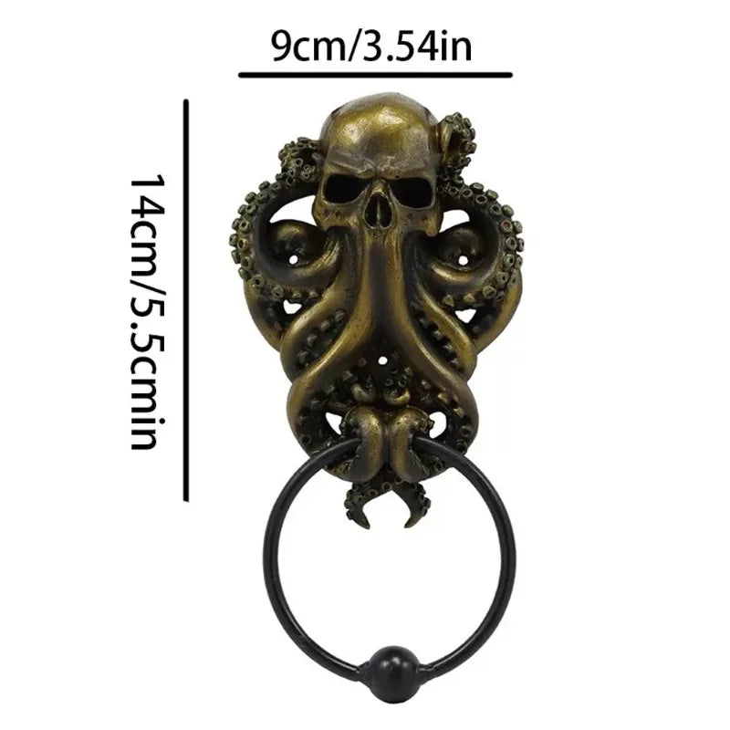 A cast iron octopus skull door knocker with a circular ring.