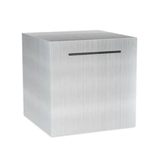 A modern, square stainless steel piggy bank with a horizontal slot for coins.