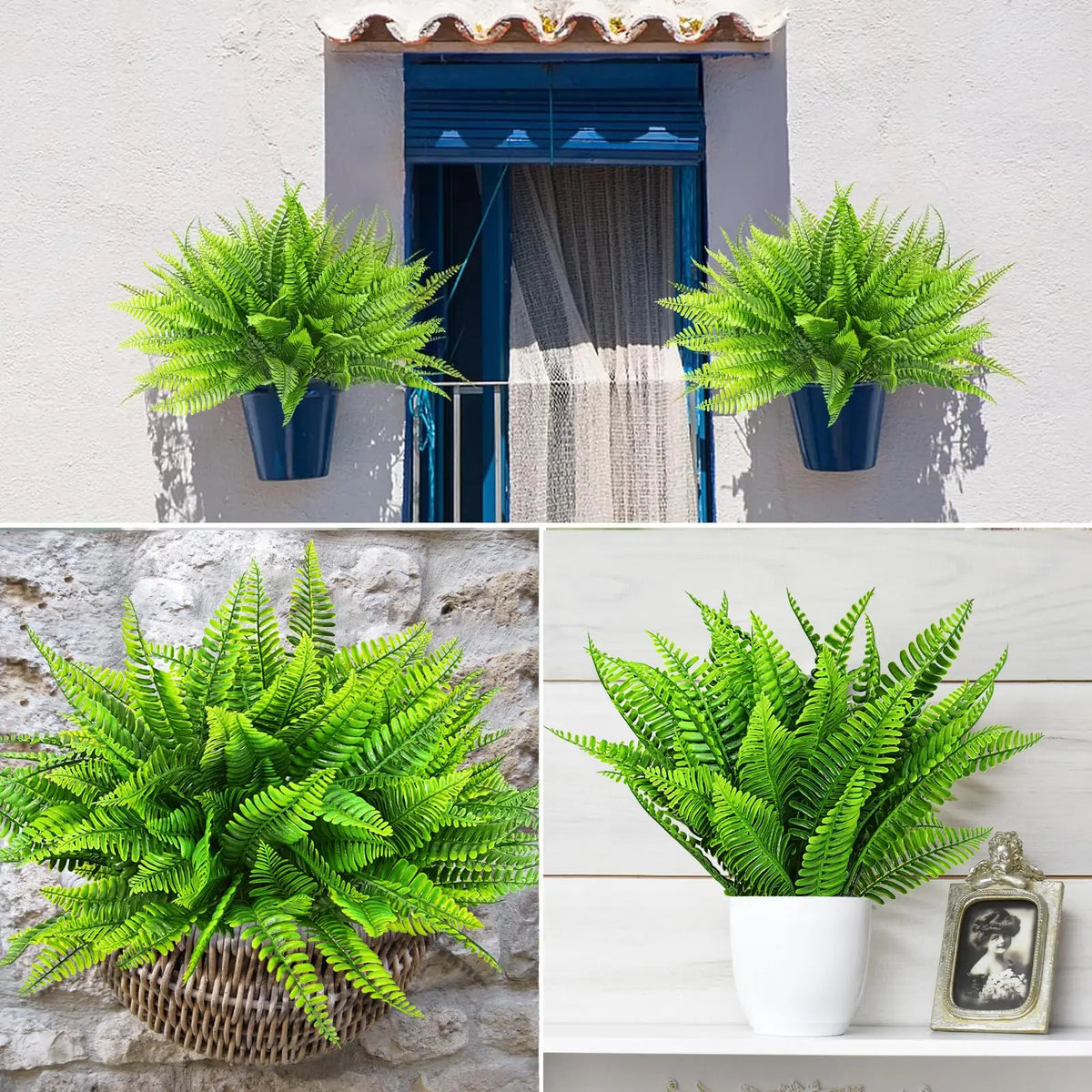 A collection of vibrant green artificial Boston ferns and shrubs displayed in various pots and planters.