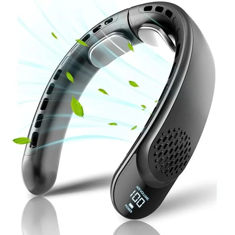 A black portable neck fan with a rechargeable battery shown in profile against a white background.