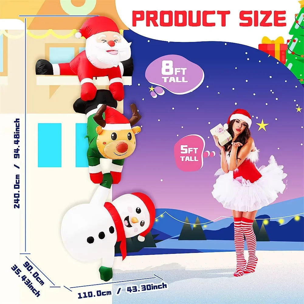 An inflatable decoration featuring a stacked display of Santa, reindeer, and a snowman figures.