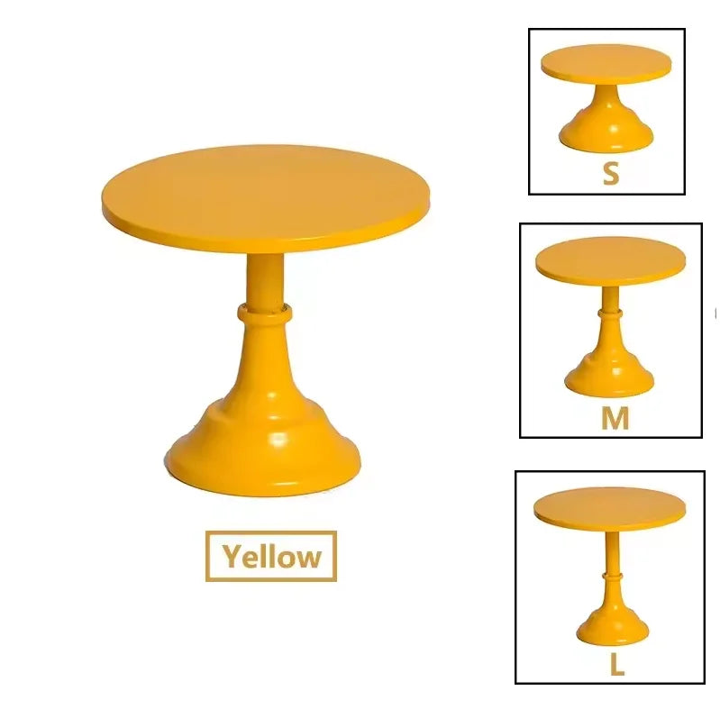 Yellow metal cake stand with size options S, M, and L shown.