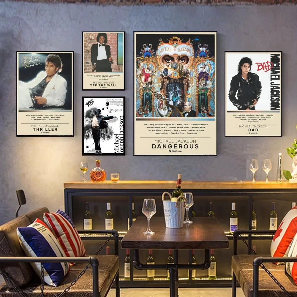 A gallery wall display featuring vintage-style posters of Michael Jackson, including Thriller and Dangerous.