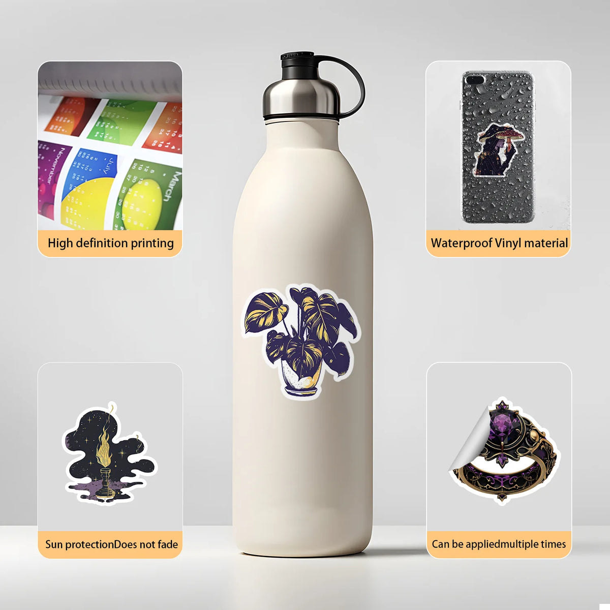 Una botella de agua de color claro con un diseño de pegatina estética gótica negra.