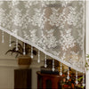 French vintage beaded lace valance curtain with delicate white floral embroidery and hanging crystal beads