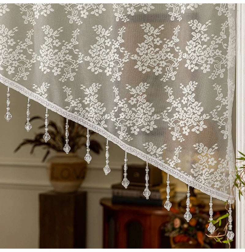 French vintage beaded lace valance curtain with delicate white floral embroidery and hanging crystal beads