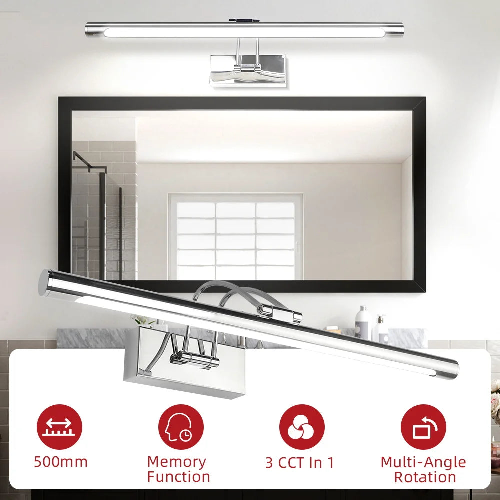 A modern LED mirror light fixture mounted above a large mirror, highlighting its 500mm length and multi-angle rotation functi