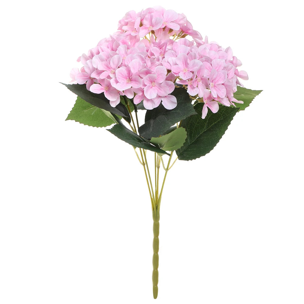 A bouquet of pink artificial hydrangea flowers with green leaves on a thin stem.
