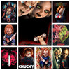 A collection of various horror-themed art prints and paintings featuring Chucky.