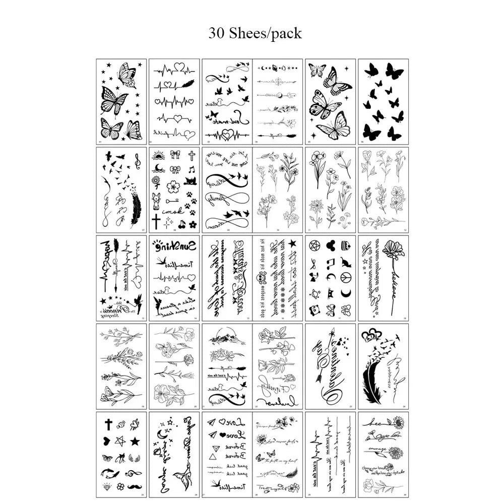 A collection of 30 sheets of realistic black butterfly temporary tattoos.