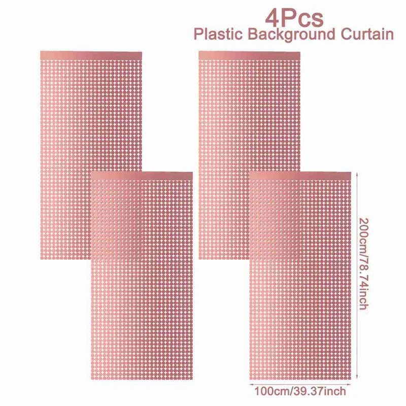 Four pieces of pink plastic background curtain with a sequin glitter pattern for events