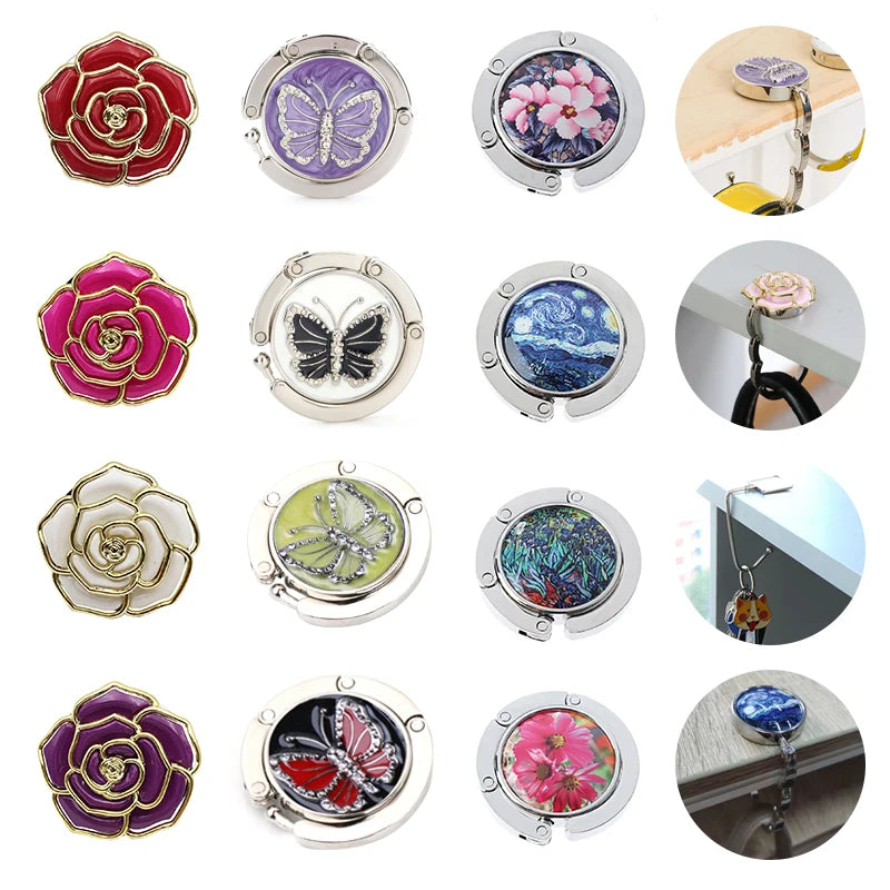 A collection of various foldable handbag hooks and jewelry clasps for tables and desks.