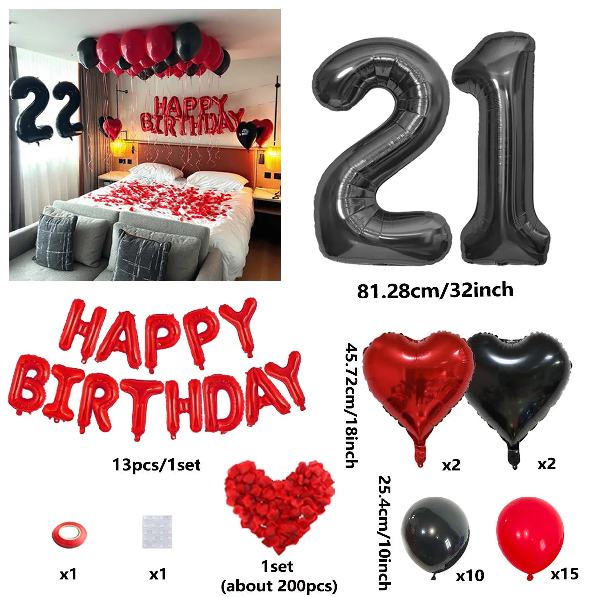 A set of red and black birthday balloons including a 32-inch number balloon and heart shaped balloons.