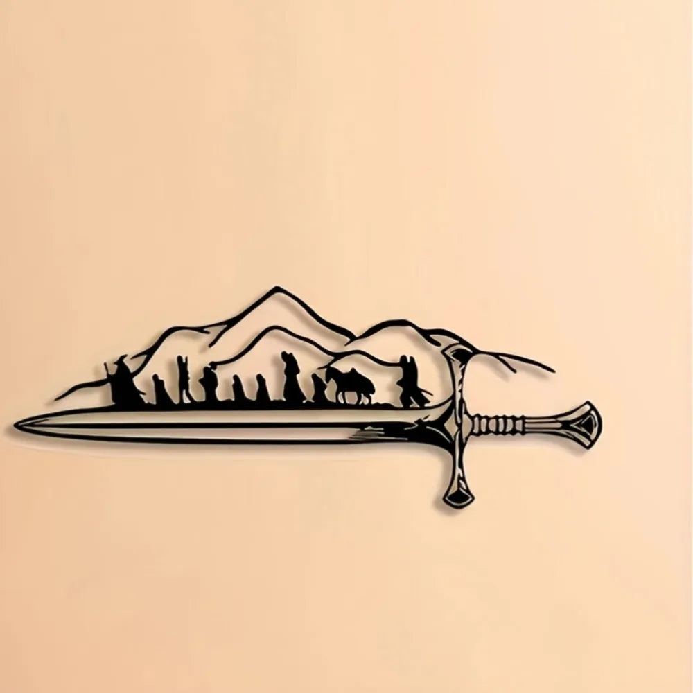 A black silhouette of a sword with a fantasy landscape and figures on the blade.