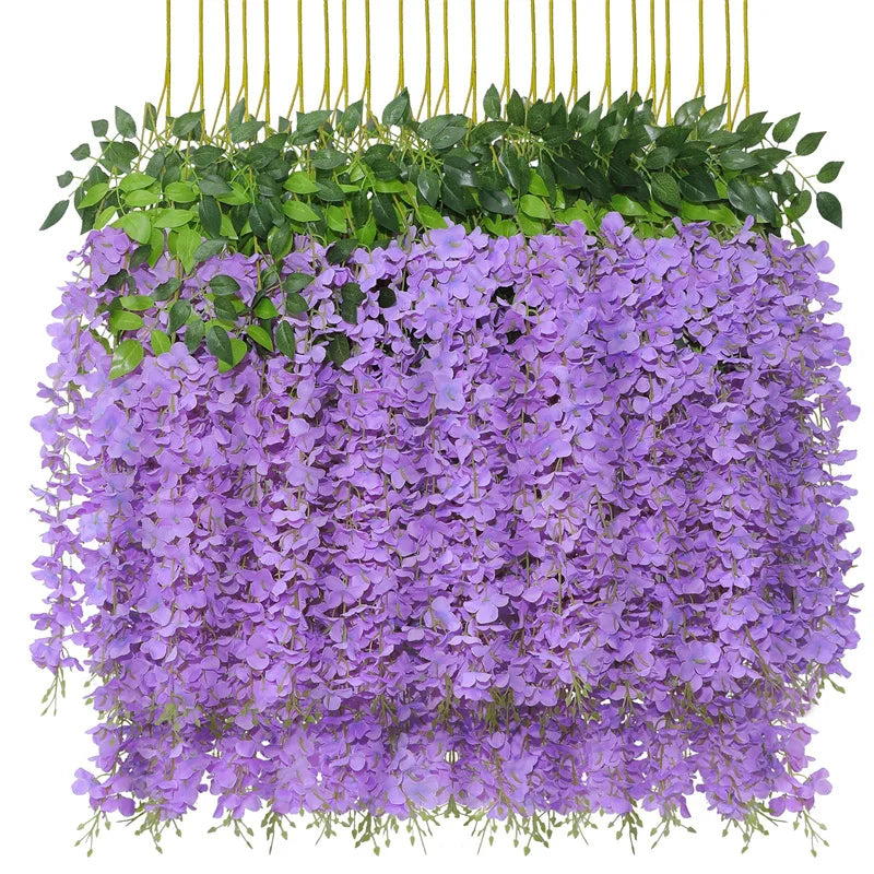 A dense cascade of purple artificial wisteria flowers hanging from a green foliage base.