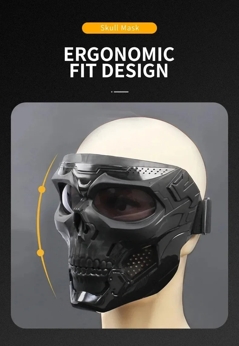 A black ergonomic fit design skull mask is shown on a mannequin head.
