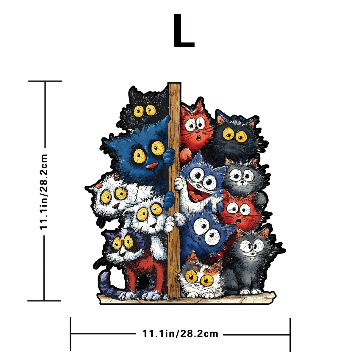 A wooden jigsaw puzzle featuring various cat-shaped figures, including black, blue, orange, and white cats.