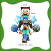 A set of seven balloons featuring a cartoon character and a block figure for a birthday party decoration kit
