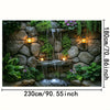 A decorative wall hanging featuring a stone waterfall and lush green plants with illuminated lanterns.